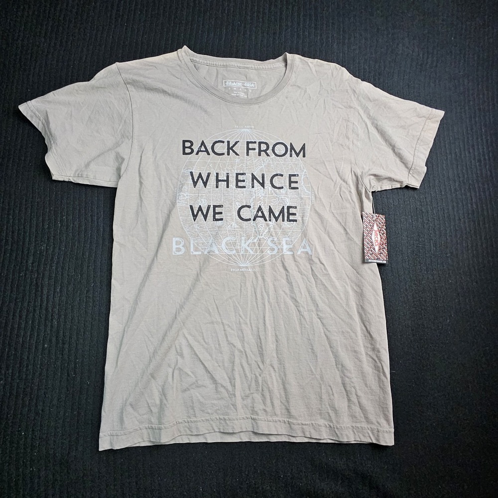 Black Sea Graphic Tee Shirt Mens Small Tan Back From Whence We Came USA Made...